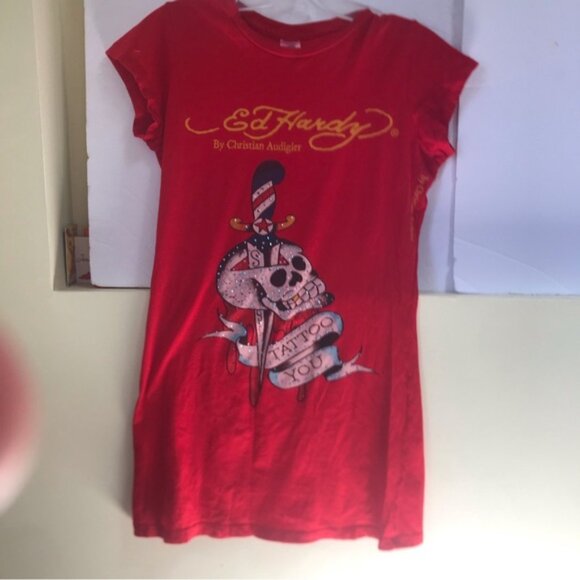 Ed Hardy Vintage Y2K Scull Tattoo Graphic Top T Shirt Fitted Logo Cotton Red L - Picture 9 of 16